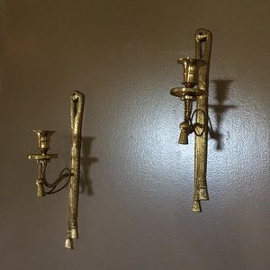 Vtg Solid Brass Candle Holder Wall Sconce Pair